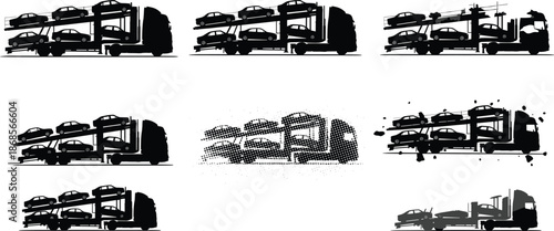 Stylized car carrier truck vector set, black and white transport illustrations, auto hauler silhouettes, artistic vehicle graphics, ink effect design