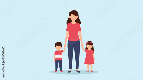 Cartoon family illustration, adult with two children, holding hands, parenting concept, childcare support, colorful vector, happy bonding, flat design