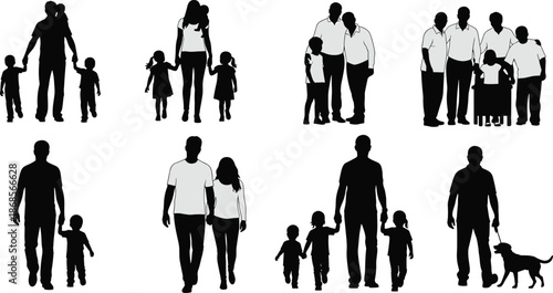 Inclusive family silhouettes, diverse group icons, adults and children, wheelchair, dog walking, caregiving, unity, lifestyle concept, black vector illustration
