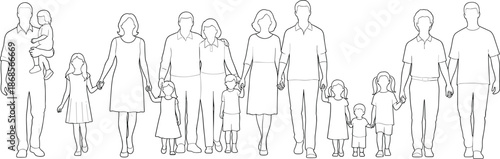 Family line drawing, multi-generational group, adults and children, holding hands, unity, love, support, black and white illustration, bonding