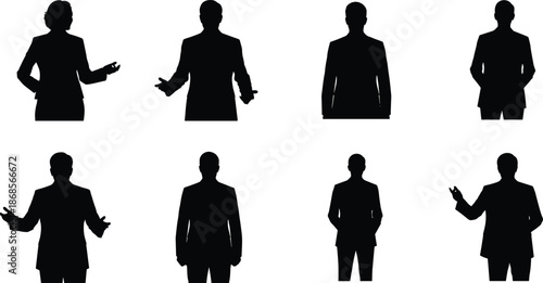 Professional silhouette figures, formal attire, body language icons, standing poses, communication gestures, black vector illustration, business concept, corporate style