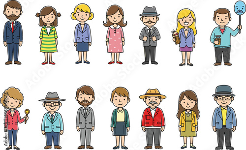 Cute cartoon people characters illustration set showing different personalities outfits professions and emotions