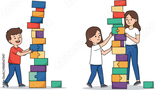 Teamwork versus solo play, building blocks, puzzle construction, collaboration, unstable tower, structured design, problem solving, contrast, playful learning, cartoon illustration