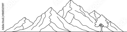 Serene mountain landscape with tree silhouette against white background