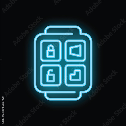 Glowing neon blue smartwatch displaying security app icons on black background, emphasizing mobile security concept