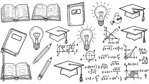 Education icons set, school and university symbols with books, graduation caps, light bulbs, and mathematical equations, line art vector illustration