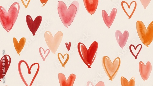 Vibrant watercolor hearts pattern hand drawn with red pink orange and yellow colors romantic background
