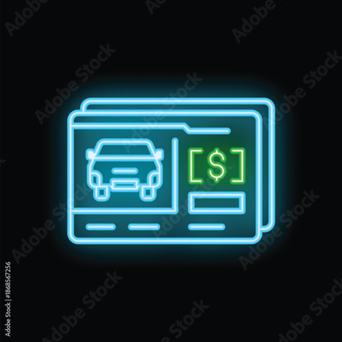 Glowing neon icon of a car loan, car finance, car credit, or car insurance policy is isolated on a black background