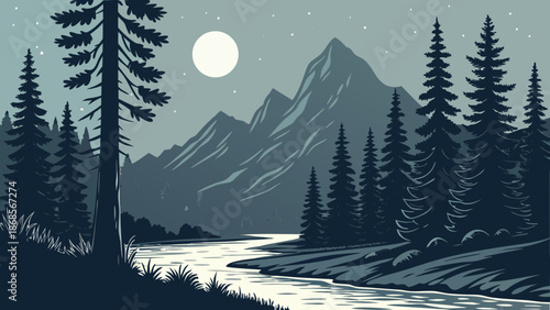 Flat Vector Illustration of a Night Mountain Landscape with River and Pine Forest Under Moonlight