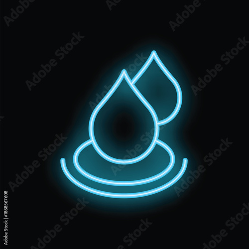 Neon sign depicting water droplets creating ripples on a dark background