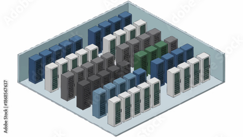 3D illustration of a data center with server racks and storage units.