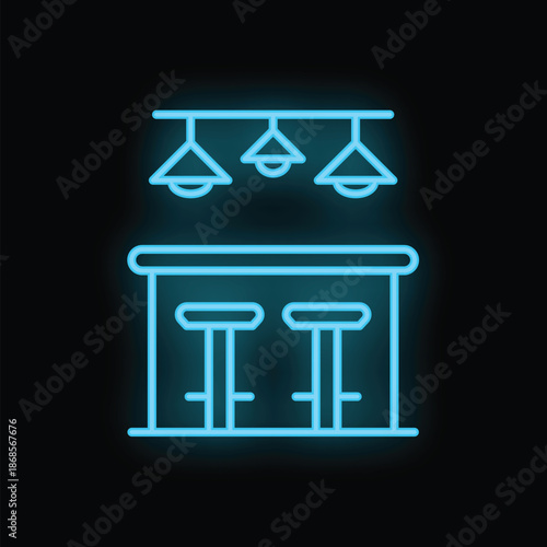 Blue neon sign depicting a bar counter with three stools and hanging lamps, isolated on a black background