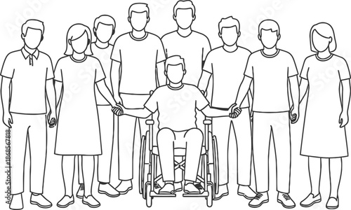 Group of people standing together with disabled man in wheelchair, showing unity and support
