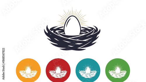 Egg in nest with sunburst logo and colorful variations