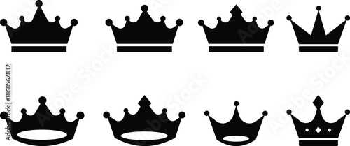 Crown icon set. King and queen headwear icons. Winner Coronation Symbols. Champion crown icon. Imperial status graphic design.