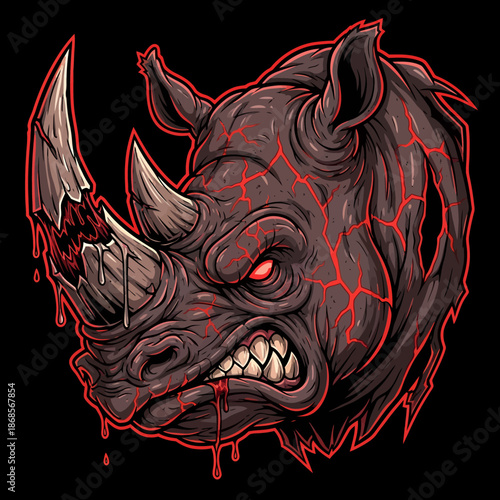 Angry roaring rhinoceros head with horn and red highlights.
