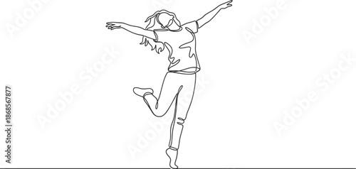 Carefree woman jumping with joy and freedom in simple line art