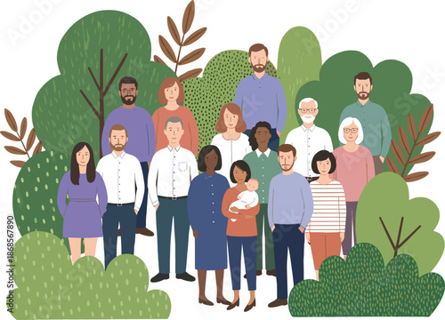 Diverse community group illustration representing unity inclusion family and social diversity concept