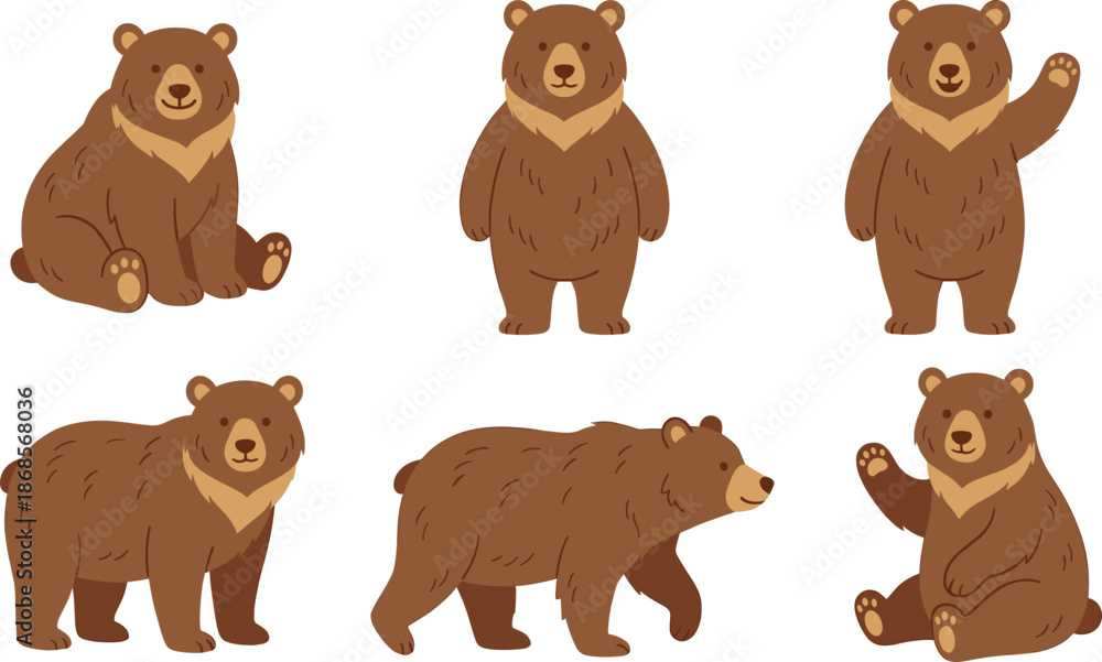 Fototapeta premium Cute brown bear character illustration set with different poses for kids cartoon animal design projects