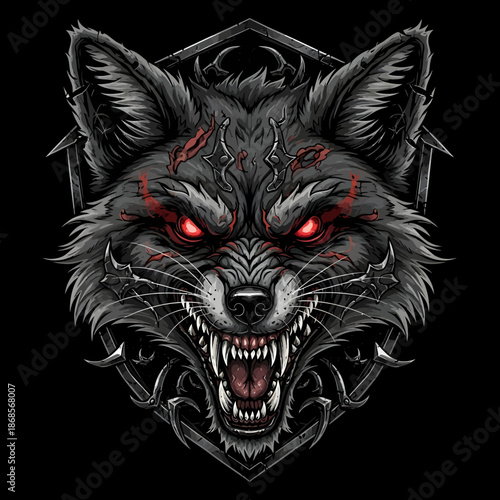 Ferocious snarling wolf head with red eyes illustration.