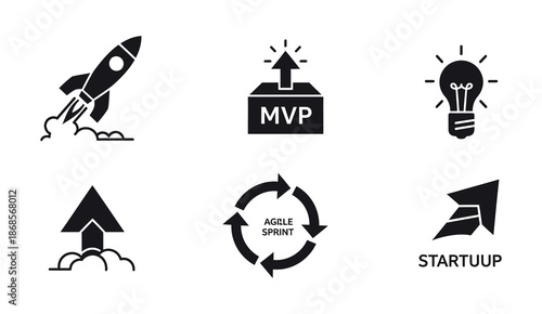 Modern flat black icons for startup business development and innovation, showcasing new project launch, MVP strategy, agile sprint cycles, and growth progress symbols