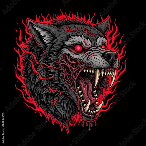 Ferocious Werewolf Head With Flaming Red Aura.