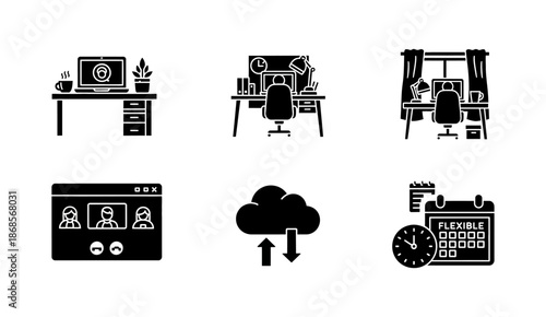 Comprehensive Glyph Icons for Remote Work, Flexible Scheduling, and Digital Collaboration Solutions