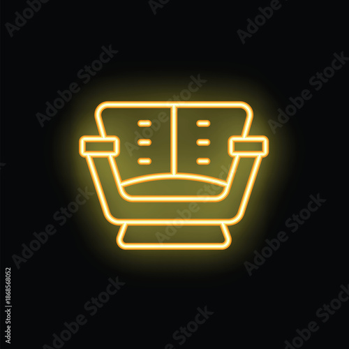 Yellow neon sign representing an armchair, with its back, seat and armrests, on a black background