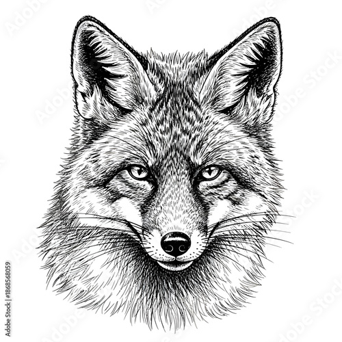 Fox head illustration close up facing forward for wildlife art.