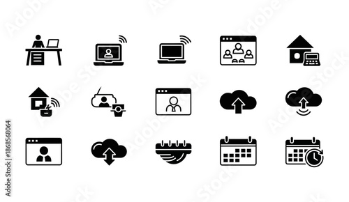 Remote work and technology concepts with icons representing collaboration, connectivity, and cloud storage solutions
