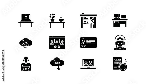 Collection of icons representing remote work and business operations, including laptops, clouds, and video calls