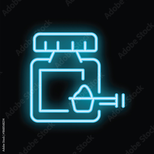 Neon blue icon of a baby milk formula container with measuring spoon and syringe glowing on black background