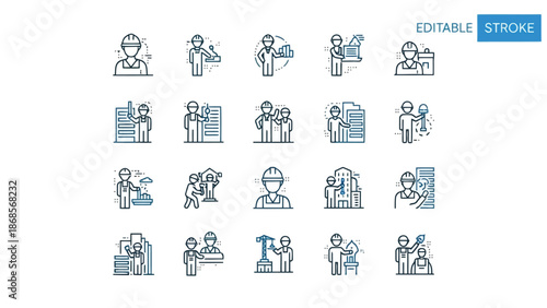 Collection of line icons depicting workers in various professional settings and tasks