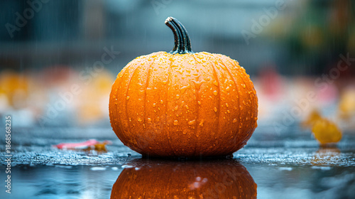 Vibrant orange pumpkin on wet ground with raindrops
