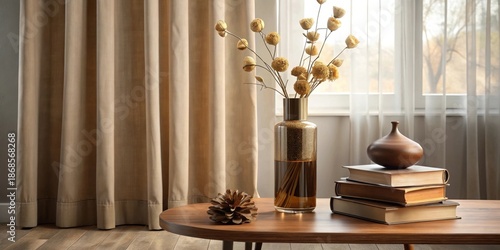 Serene Home Decor Dried Flowers in a Glass Vase, Books, and a Pine Cone on a Wooden Table Near Beige Curtains