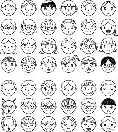 Children facial expression illustration set featuring cute kids faces emotions moods reactions and simple hand drawn character portraits