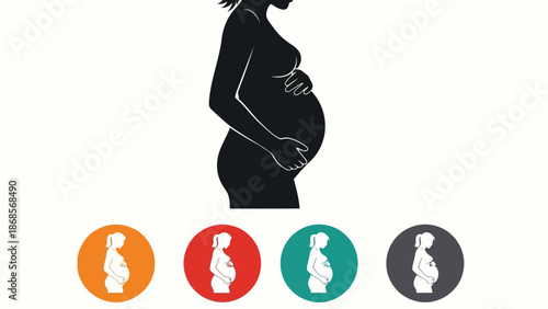 Pregnant woman silhouette with colorful pregnancy icons