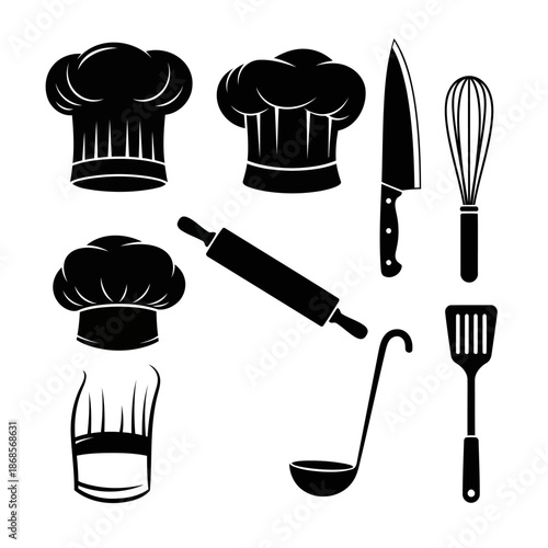 Monochrome illustration featuring chef hats a rolling pin knife whisk ladle and spatula symbols arranged on a white backdrop perfect for culinary designs and restaurant