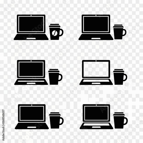 Black and white vector graphics illustrating laptop computers and coffee cups in a pattern suitable for remote work freelancing or digital nomad themed projects
