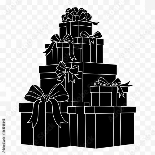 Elegant black and white vector illustration of a stacked gift box tower with decorative ribbons creating a festive holiday season design for greeting cards or promotional