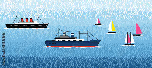 Ocean transportation illustration featuring passenger ships cargo vessels and colorful sailboats traveling across calm blue sea