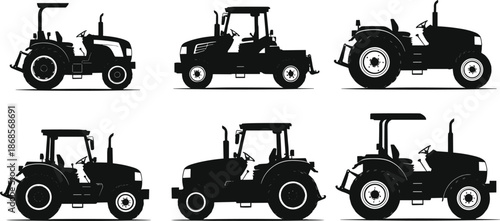 Tractor silhouette vector set, black agricultural vehicle illustrations, side view icons, farm machinery graphics, isolated rural transport designs