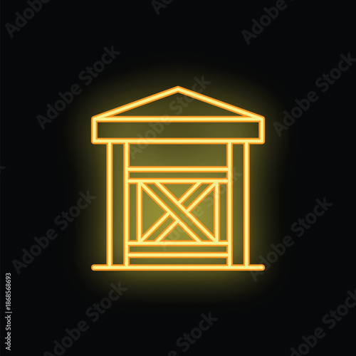 Neon yellow wooden market stall with roof glowing on a black background
