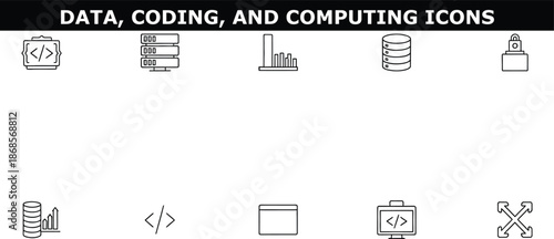 A collection of data, coding, and computing icons on a white background