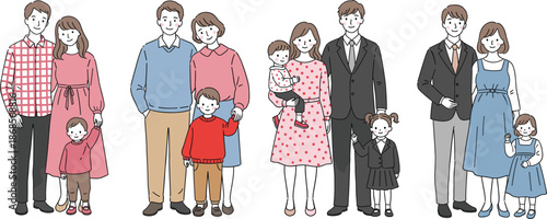 Family portrait illustration set showing parents and children together across generations representing love care bonding and modern family lifestyle