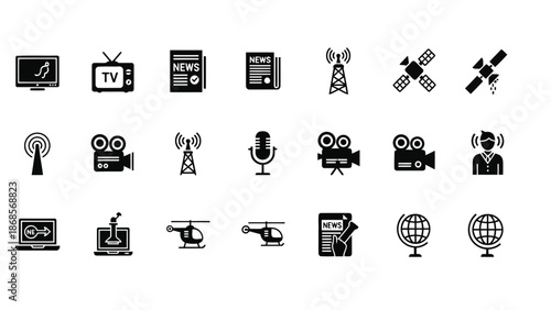 Collection of modern media and news icons for journalism and broadcasting