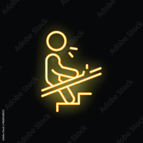 Neon sign depicting a stick figure falling down a flight of stairs, representing the universal symbol for danger and caution