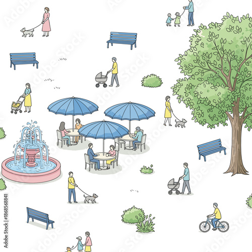 City park leisure illustration featuring people relaxing walking dogs sitting on benches fountain trees and everyday outdoor community life