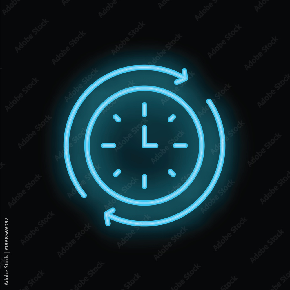 Obraz premium Neon clock showing time passing with rotating arrows on black background