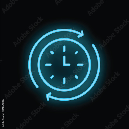 Neon clock showing time passing with rotating arrows on black background